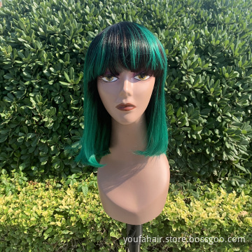 Cheap Price Human Hair Ombre Color 1b Green Short Bob With Bangs Wigs Machine Made Bob Wigs Brazilian Virgin Hair Non Lace Wigs